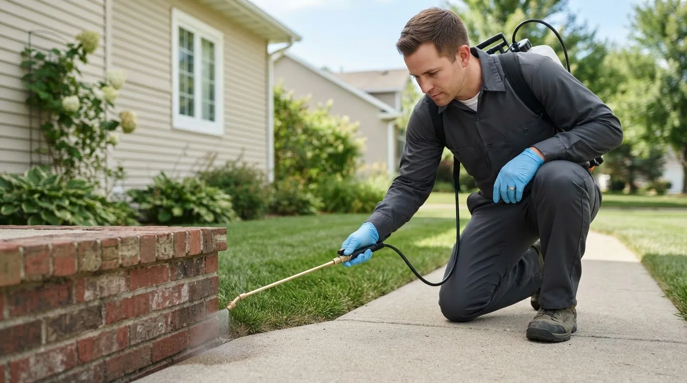 Pest control technician treating a home near Syracuse, OH